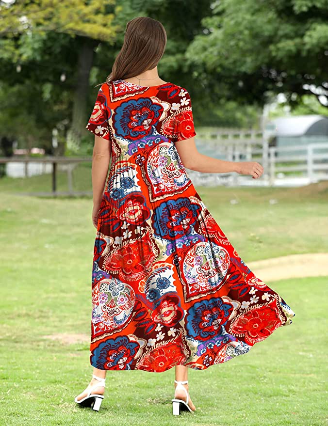 Multi Color Women Casual Loose Bohemian Floral Dress with Pockets Shor Original Brand
