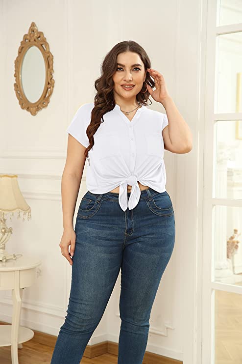 Floral Wine Red Women's Plus Size Short Sleeve Shirt Button Down V Neck Tops Casual Blouses with Procket - TIANZHU | Women's Tops and Blouses