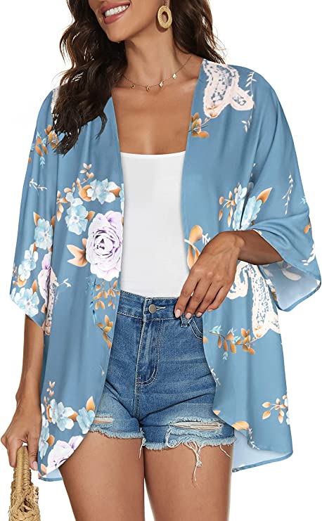 Blue Grey Women's Floral Print Puff Sleeve Kimono Cardigan Loose Cover Up Casual Blouse Tops - Chicgal | Women's Cardigan