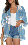Blue Grey Women's Floral Print Puff Sleeve Kimono Cardigan Loose Cover Up Casual Blouse Tops - Chicgal | Women's Cardigan
