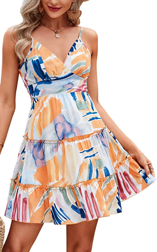 Blue Orange Womens V-Neck Spaghetti Strap Bowknot Backless Sleeveless Lace Mini Swing Skater Dress - Ecowish | Women's Casual Dresses