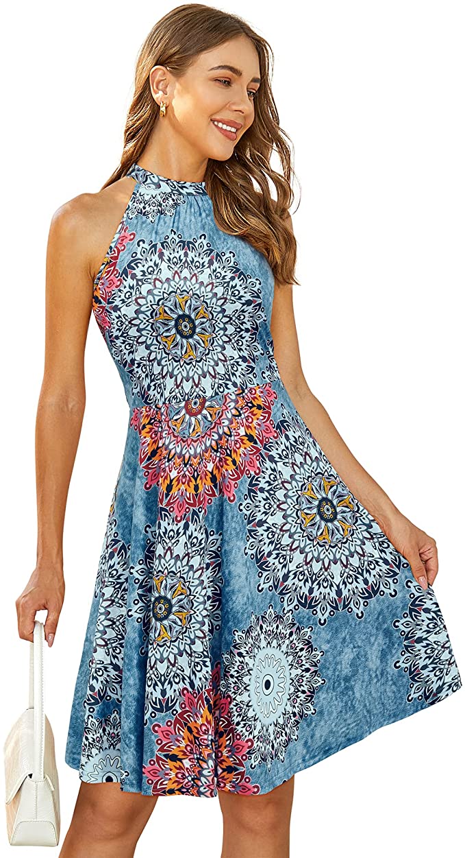 Sky Blue Floral-41 Women's Halter Neck Floral Summer Casual Sundress - OUGES | Women's Casual Dresses
