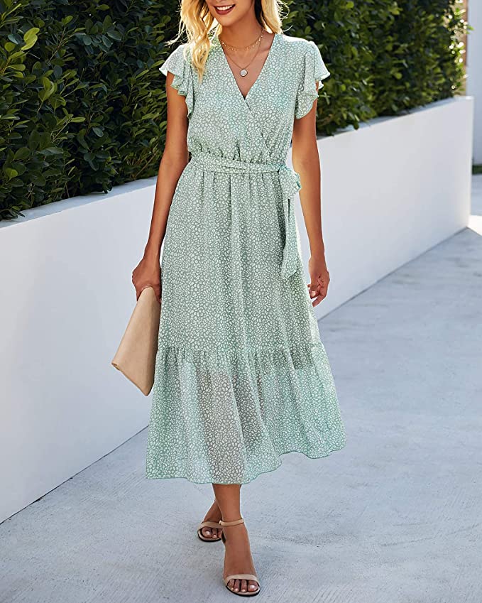 Light Green Women Summer Bohemian Floral Casual Wrap V Neck Ruffle Cap Sleeveless Belt A-Line Pleated Hem Swing Midi Sun Dress - BTFBM | Women's Casual Dresses