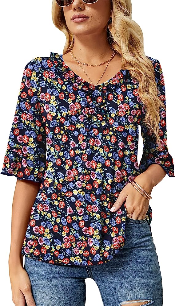 Navy Blue Boho Floral Casual V Neck T Shirts Loose Summer Tops Ruffle - Ivicoer | Women's Tops and Blouses
