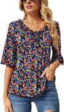 Navy Blue Boho Floral Casual V Neck T Shirts Loose Summer Tops Ruffle - Ivicoer | Women's Tops and Blouses