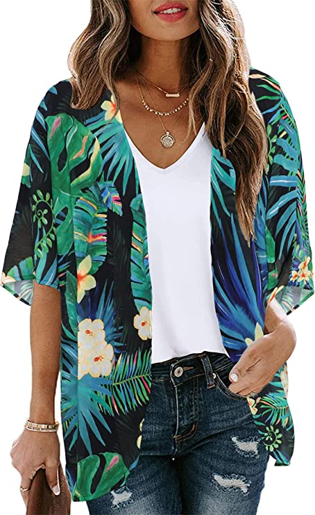 Black Green Tropical Women's Floral Print Puff Sleeve Kimono Cardigan Loose Cover Up Casual Blouse Tops - Chicgal | Women's Cardigan
