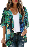 Black Green Tropical Women's Floral Print Puff Sleeve Kimono Cardigan Loose Cover Up Casual Blouse Tops - Chicgal | Women's Cardigan