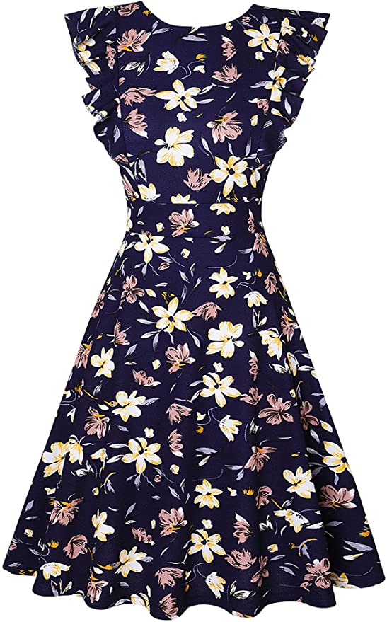 Blue Floral Womens Dresses Elegant Ruffles Cap Sleeves Summer A-Line Midi Dress - ECOWISH | Women's Cocktail Dresses