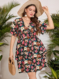 Black Flower Multi Women's Plus Size Striped Print Wrap V Neck Short Sleeve A Line Dress - Floerns | Women's Formal Dresses