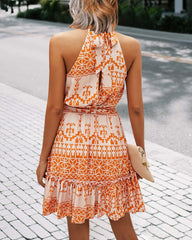 Color Block Orange Women Floral Dresses Casual Summer Sleeveless Halter Neck Ruffle Belt Boho Polka Dot Leopard Print Sun Short Dress - BTFBM | Women's Casual Dresses