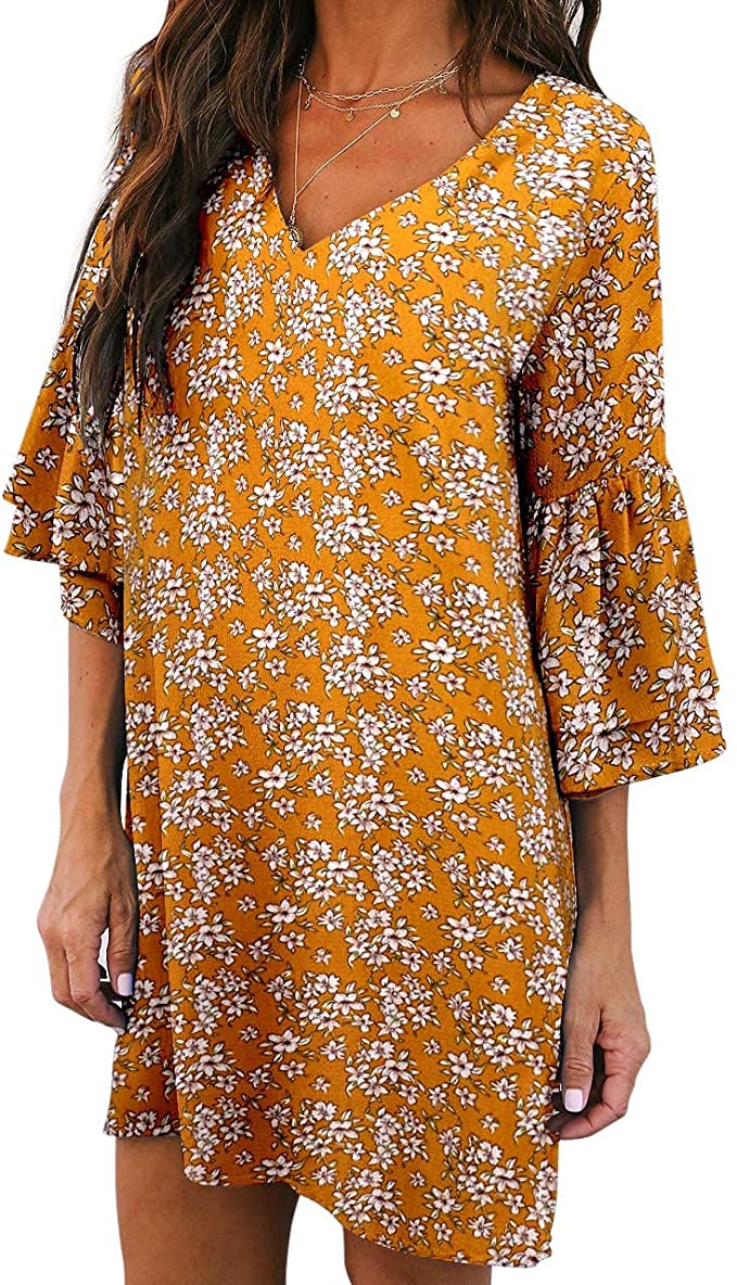 Small Yellow Flora Women's Dress Sweet & Cute V-Neck Bell Sleeve Shift Dress Mini Dress - BELONGSCI | Women's Casual Dresses