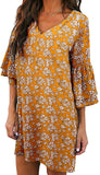 Small Yellow Flora Women's Dress Sweet & Cute V-Neck Bell Sleeve Shift Dress Mini Dress - BELONGSCI | Women's Casual Dresses