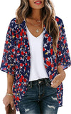 Navy Little Flower Women's Floral Print Puff Sleeve Kimono Cardigan Loose Cover Up Casual Blouse Tops - Chicgal | Women's Cardigan