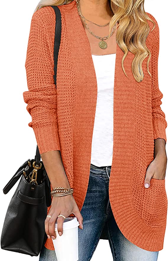 Orange Women's Long Sleeve Open Front Casual Lightweight Soft Knit Cardigan Sweater Outerwear - ZESICA | Women's Cardigan