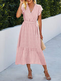 Pink Women Summer Bohemian Floral Casual Wrap V Neck Ruffle Cap Sleeveless Belt A-Line Pleated Hem Swing Midi Sun Dress - BTFBM | Women's Casual Dresses