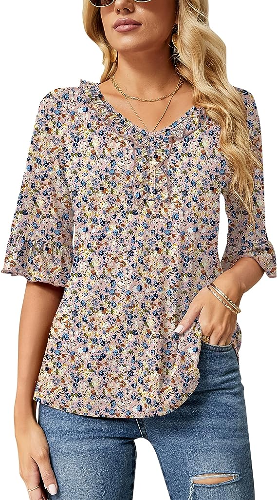 Pink Floral Print Casual V Neck T Shirts Loose Summer Tops Ruffle - Ivicoer | Women's Tops and Blouses