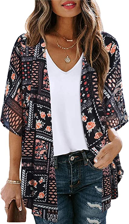 Boho Black Print Women's Floral Print Puff Sleeve Kimono Cardigan Loose Cover Up Casual Blouse Tops - Chicgal | Women's Cardigan