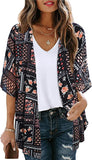 Boho Black Print Women's Floral Print Puff Sleeve Kimono Cardigan Loose Cover Up Casual Blouse Tops - Chicgal | Women's Cardigan