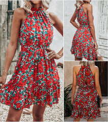 Floral Red Women Floral Dresses Casual Summer Sleeveless Halter Neck Ruffle Belt Boho Polka Dot Leopard Print Sun Short Dress - BTFBM | Women's Casual Dresses