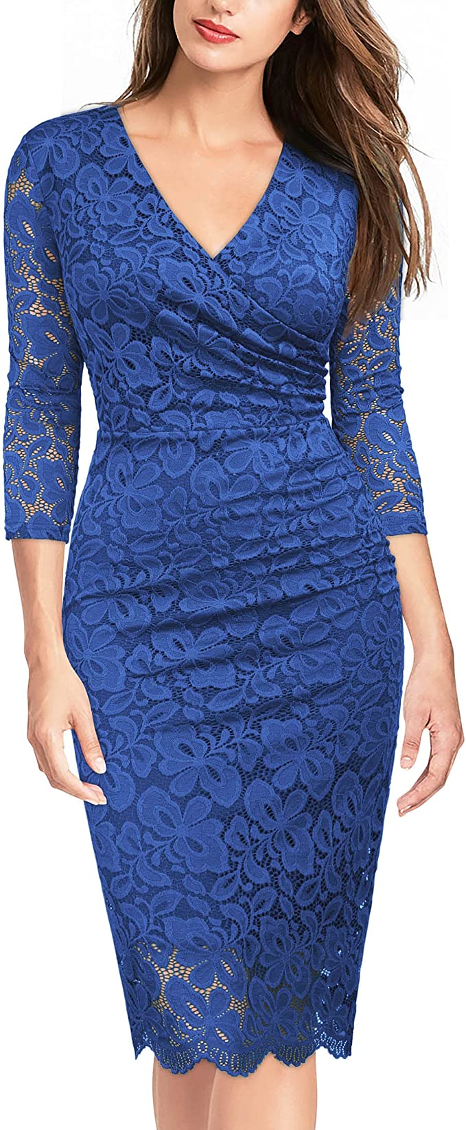 Blue Women's Retro Deep-V Neck Ruffles Floral Lace Evening Pencil Dress - Miusol | Women's Cocktail Dresses