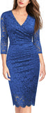 Blue Women's Retro Deep-V Neck Ruffles Floral Lace Evening Pencil Dress - Miusol | Women's Cocktail Dresses