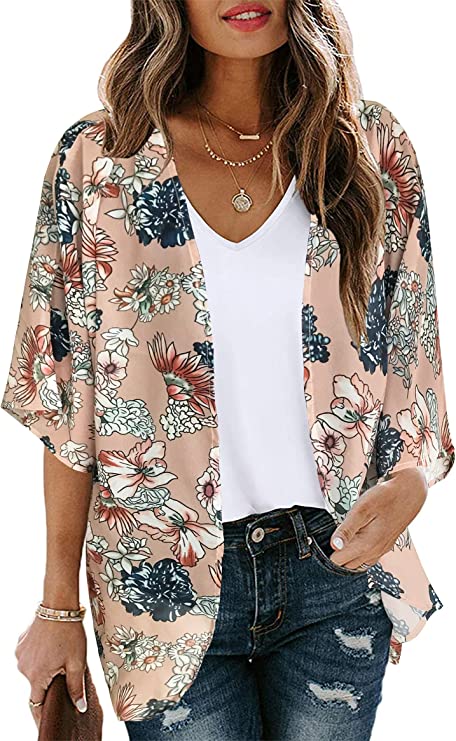 Khaki Pink Floral Women's Floral Print Puff Sleeve Kimono Cardigan Loose Cover Up Casual Blouse Tops - Chicgal | Women's Cardigan
