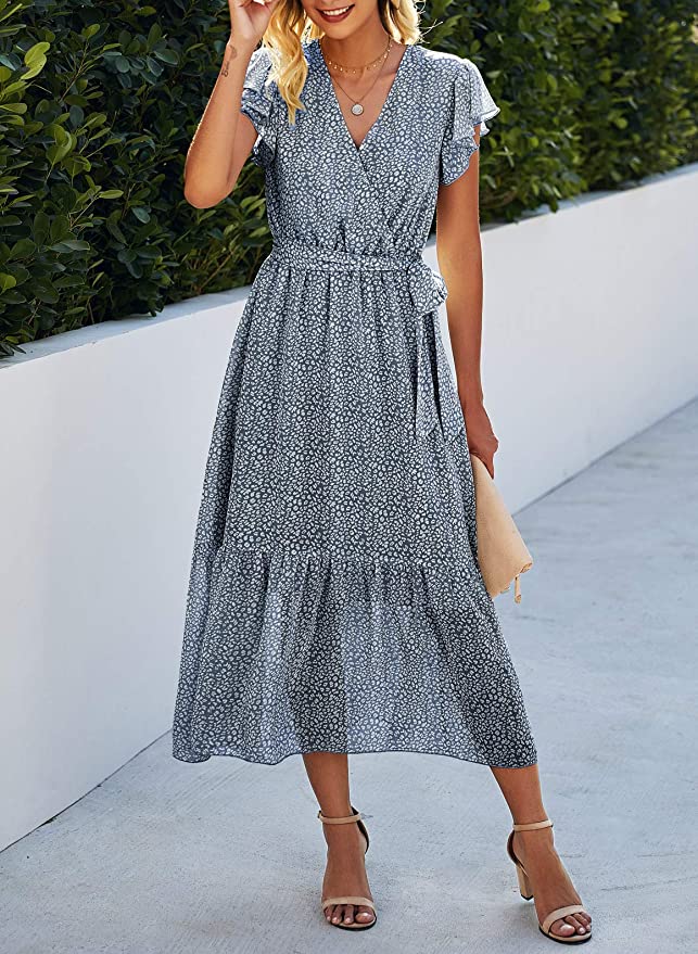 Dark Blue Women Summer Bohemian Floral Casual Wrap V Neck Ruffle Cap Sleeveless Belt A-Line Pleated Hem Swing Midi Sun Dress - BTFBM | Women's Casual Dresses