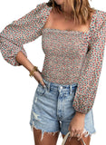 Apricot Pattern Blouses for Women Puff Long Sleeve Square Neck Tops Off The Shoulder Floral - EVALESS | Women's Tops and Blouses