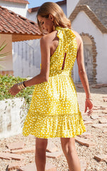 White Dot Yellow Women Floral Dresses Casual Summer Sleeveless Halter Neck Ruffle Belt Boho Polka Dot Leopard Print Sun Short Dress - BTFBM | Women's Casual Dresses