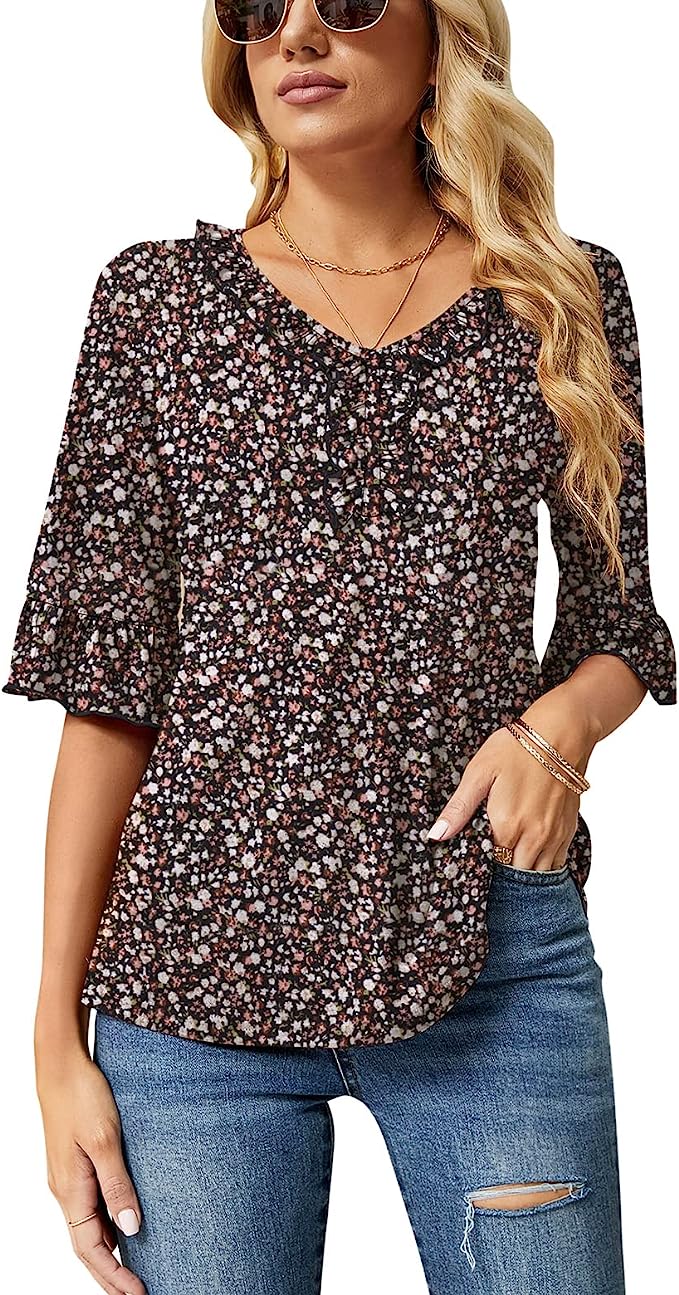 Floral Print Casual V Neck T Shirts Loose Summer Tops Ruffle - Ivicoer | Women's Tops and Blouses