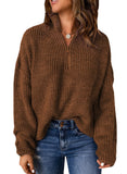 Brown Sweaters for Women Waffle Kint Long Sleeve Zip Pullover Polo V Neck Sweater for Women - EVALESS | Women's Sweaters