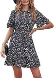 Black Leopard Women's Summer Boho Short Dresses Floral Print Tie Neck Short Sleeve Elastic High Waist Ruffle Mini Skater Dress - Prettygarden | Women's Casual Dresses