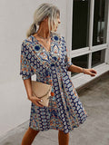 Blue Women's Boho Tribal Print Short Sleeve V Neck Tie Back Summer Shift Dress - Romwe | Women's Casual Dresses
