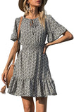 Black Women's Summer Boho Short Dresses Floral Print Tie Neck Short Sleeve Elastic High Waist Ruffle Mini Skater Dress - Prettygarden | Women's Casual Dresses
