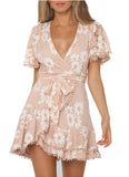 Women's Floral Flower Lace Faux Wrap Mini Dresses V Neck Long Lantern Sleeve Short Dress With Waist Ties | Women's Evening Gowns