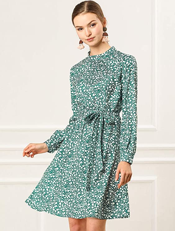 Blue Yellow Mock Neck Long Sleeve Tie Waist Flare Floral Midi Dress - Allegra K | Women's Casual Dresses