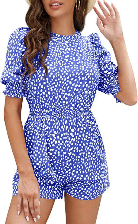 Blue Women's Crew Neck Beach Rompers Half Sleeve Elastic Wasit Dots Keyhole Summer Jumpsuit - DOBULO | Women's Romper & Jumper Suit