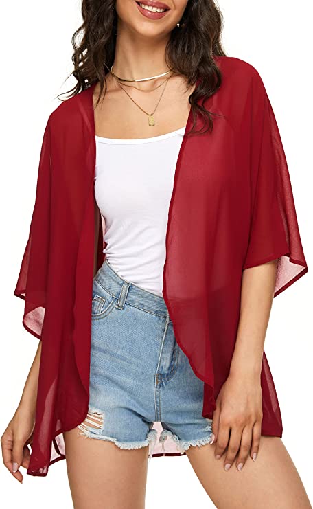 Solid Wine Red Women's Floral Print Puff Sleeve Kimono Cardigan Loose Cover Up Casual Blouse Tops - Chicgal | Women's Cardigan