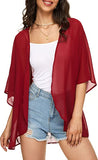 Solid Wine Red Women's Floral Print Puff Sleeve Kimono Cardigan Loose Cover Up Casual Blouse Tops - Chicgal | Women's Cardigan