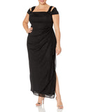 Black Glitter Women's Plus Size Long Cold Shoulder Dress with Ruched Skirt - Alex Evenings | Women's Cocktail Dresses