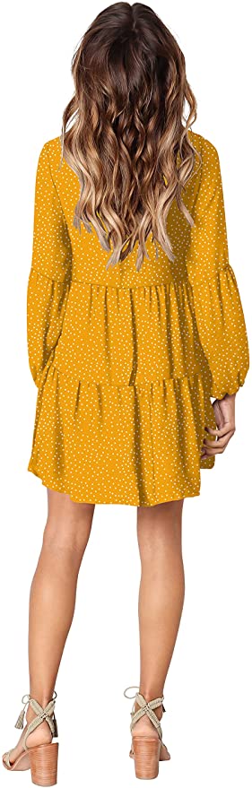 Polka Dot Yellow Long Sleeve Women Summer Tunic Dress V Neck Casual Lo Original Brand
