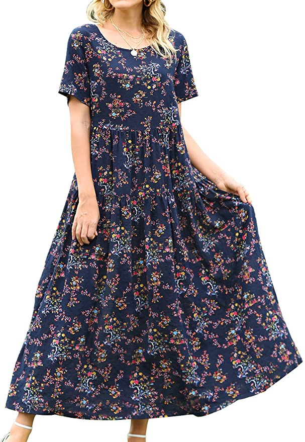 Blue Flower Women Casual Loose Bohemian Floral Dress with Pockets Short Sleeve Long Maxi Summer Beach Swing Dress - Yesno | Women's Casual Dresses