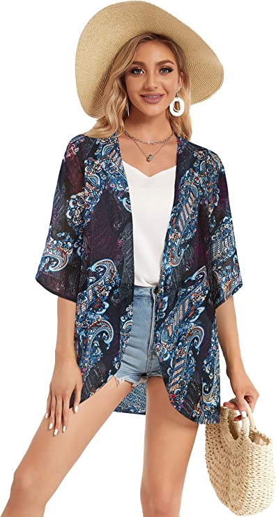 Black Green Tropical Women's Floral Print Puff Sleeve Kimono Cardigan Loose Cover Up Casual Blouse Tops - Chicgal | Women's Cardigan