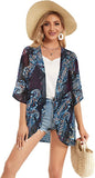 Black Green Tropical Women's Floral Print Puff Sleeve Kimono Cardigan Loose Cover Up Casual Blouse Tops - Chicgal | Women's Cardigan