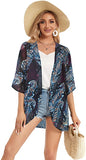 Boho Red Women's Floral Print Puff Sleeve Kimono Cardigan Loose Cover Up Casual Blouse Tops - Chicgal | Women's Cardigan