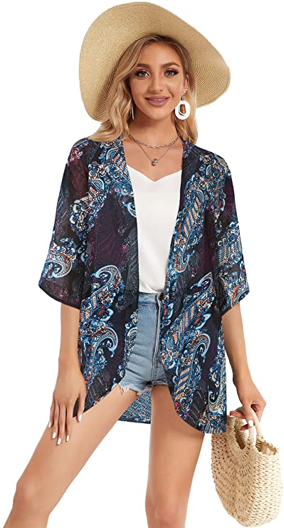 Black Floral Women's Floral Print Puff Sleeve Kimono Cardigan Loose Cover Up Casual Blouse Tops - Chicgal | Women's Cardigan