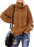 Khaaki Women's Turtleneck Balloon Long Sleeve Casual Loose Chunky Cable Knit Pullover Sweater Outerwear - FARYSAYS | Women's Sweaters