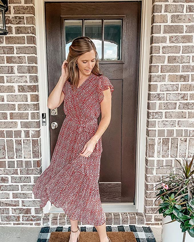 Swiss Dot Army Green Women Summer Bohemian Floral Casual Wrap V Neck Ruffle Cap Sleeveless Belt A-Line Pleated Hem Swing Midi Sun Dress - BTFBM | Women's Casual Dresses