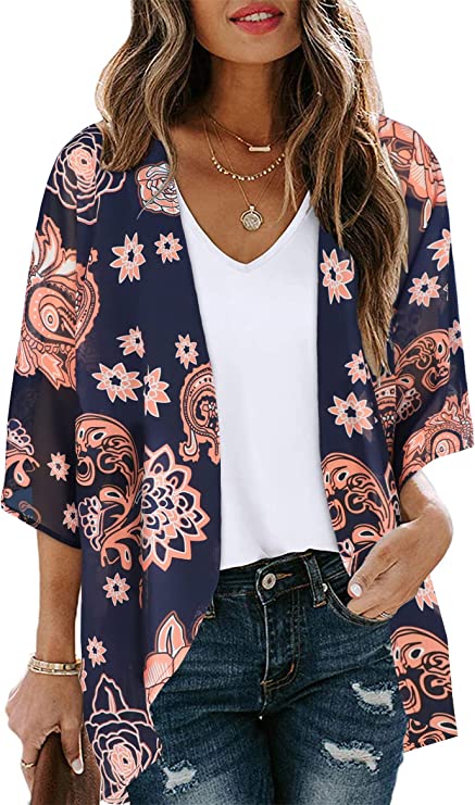 Pink Amoeba Women's Floral Print Puff Sleeve Kimono Cardigan Loose Cover Up Casual Blouse Tops - Chicgal | Women's Cardigan