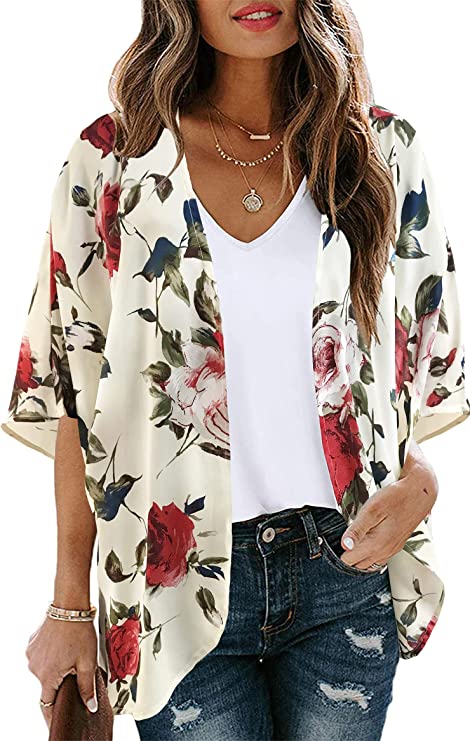 Beige Women's Floral Print Puff Sleeve Kimono Cardigan Loose Cover Up Casual Blouse Tops - Chicgal | Women's Cardigan